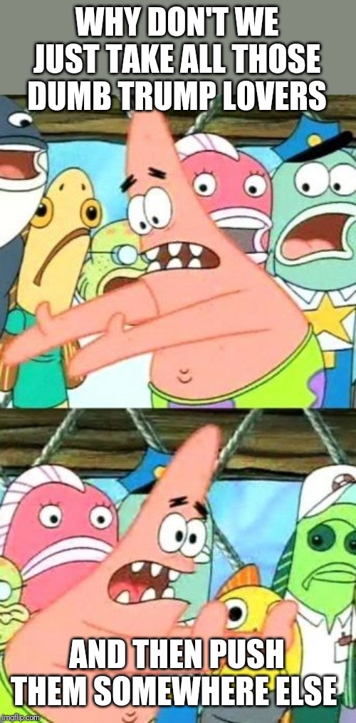 Put It Somewhere Else Patrick | WHY DON'T WE JUST TAKE ALL THOSE DUMB TRUMP LOVERS; AND THEN PUSH THEM SOMEWHERE ELSE | image tagged in memes,put it somewhere else patrick,donald trump,trump,political,funny | made w/ Imgflip meme maker