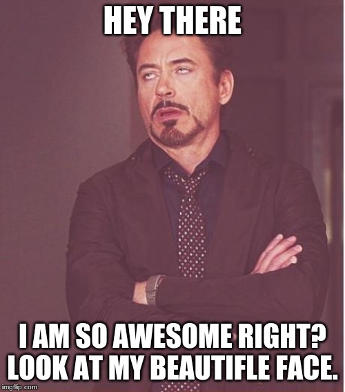 Face You Make Robert Downey Jr Meme | HEY THERE; I AM SO AWESOME RIGHT? LOOK AT MY BEAUTIFLE FACE. | image tagged in memes,face you make robert downey jr | made w/ Imgflip meme maker