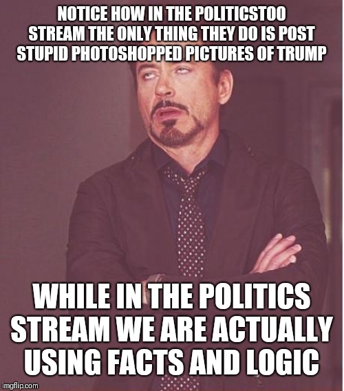 Face You Make Robert Downey Jr Meme | NOTICE HOW IN THE POLITICSTOO STREAM THE ONLY THING THEY DO IS POST STUPID PHOTOSHOPPED PICTURES OF TRUMP; WHILE IN THE POLITICS STREAM WE ARE ACTUALLY USING FACTS AND LOGIC | image tagged in memes,face you make robert downey jr | made w/ Imgflip meme maker