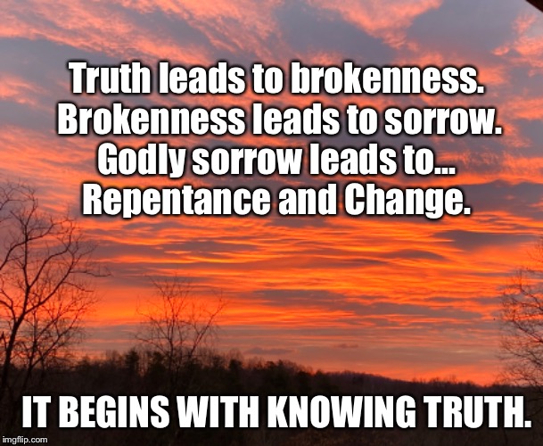 Sorrow | Truth leads to brokenness.
 Brokenness leads to sorrow.
Godly sorrow leads to...
Repentance and Change. IT BEGINS WITH KNOWING TRUTH. | image tagged in religion,bible,christianity,sorrow,church,jesus | made w/ Imgflip meme maker