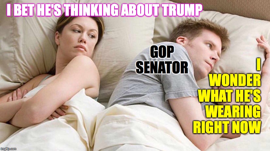 I Bet He's Thinking About Other Women | I BET HE'S THINKING ABOUT TRUMP; GOP SENATOR; I
WONDER
WHAT HE'S
WEARING
RIGHT NOW | image tagged in i bet he's thinking about other women,memes,trumptards | made w/ Imgflip meme maker
