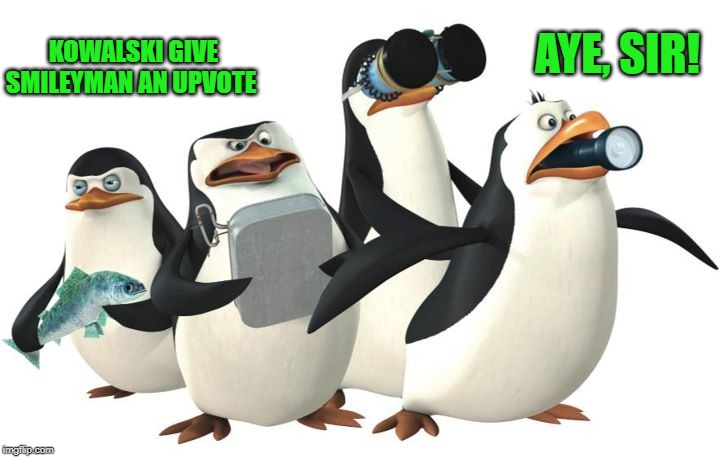 penquines | KOWALSKI GIVE SMILEYMAN AN UPVOTE AYE, SIR! | image tagged in penquines | made w/ Imgflip meme maker