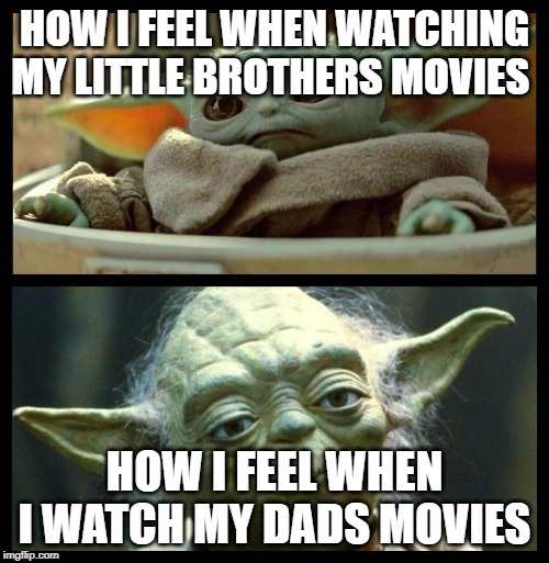 baby yoda | HOW I FEEL WHEN WATCHING MY LITTLE BROTHERS MOVIES; HOW I FEEL WHEN I WATCH MY DADS MOVIES | image tagged in baby yoda | made w/ Imgflip meme maker