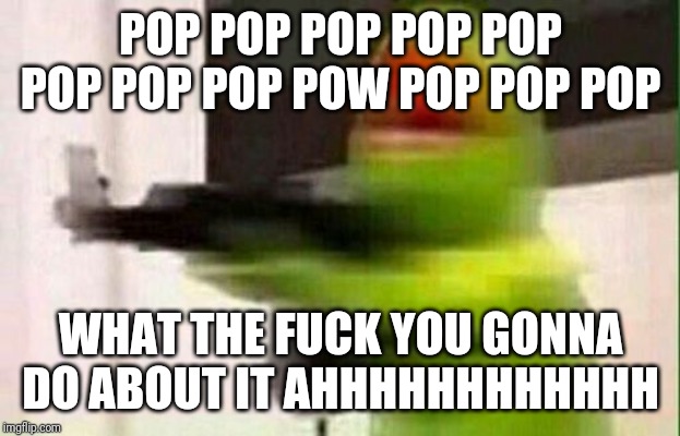 Kermit Gun | POP POP POP POP POP POP POP POP POW POP POP POP; WHAT THE FUCK YOU GONNA DO ABOUT IT AHHHHHHHHHHHH | image tagged in kermit gun | made w/ Imgflip meme maker