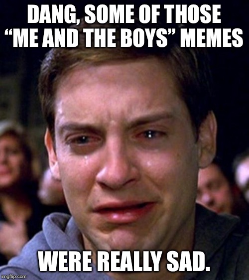 When you think about it... | DANG, SOME OF THOSE “ME AND THE BOYS” MEMES; WERE REALLY SAD. | image tagged in crying peter parker,funny,memes,spiderman,me and the boys,sad | made w/ Imgflip meme maker