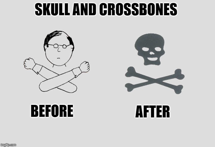 skull and crossbones | SKULL AND CROSSBONES; BEFORE; AFTER | image tagged in skull,crossbones,kewlew | made w/ Imgflip meme maker