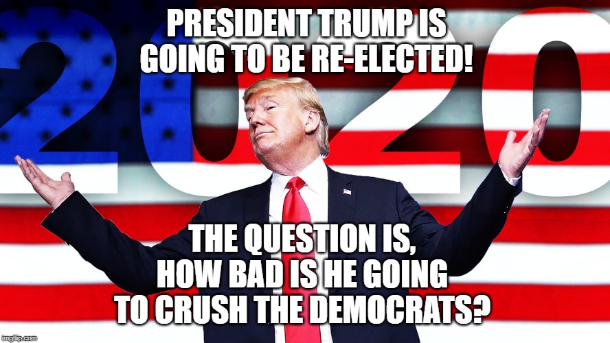 President Trump Is Going To Be Re-Elected. The Question Is How Bad Is He Going To Beat The Democrats? | PRESIDENT TRUMP IS GOING TO BE RE-ELECTED! THE QUESTION IS, HOW BAD IS HE GOING TO CRUSH THE DEMOCRATS? | image tagged in trump,democrats | made w/ Imgflip meme maker