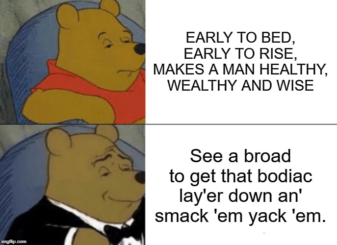 JjjjjiveTalkin' | EARLY TO BED, EARLY TO RISE, MAKES A MAN HEALTHY, WEALTHY AND WISE; See a broad to get that bodiac lay'er down an' smack 'em yack 'em. | image tagged in memes,tuxedo winnie the pooh | made w/ Imgflip meme maker