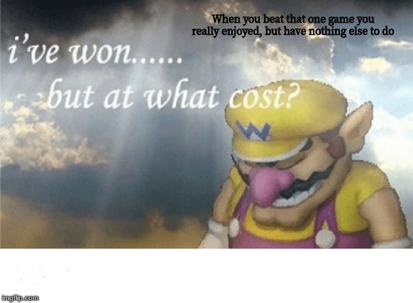 Wario sad | When you beat that one game you really enjoyed, but have nothing else to do | image tagged in wario sad | made w/ Imgflip meme maker