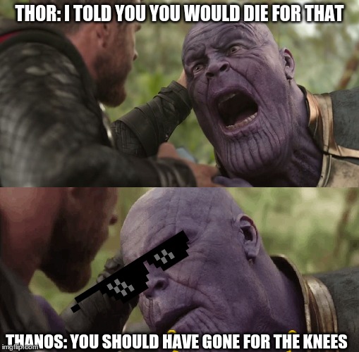 You should have gone for the head | THOR: I TOLD YOU YOU WOULD DIE FOR THAT; THANOS: YOU SHOULD HAVE GONE FOR THE KNEES | image tagged in you should have gone for the head | made w/ Imgflip meme maker