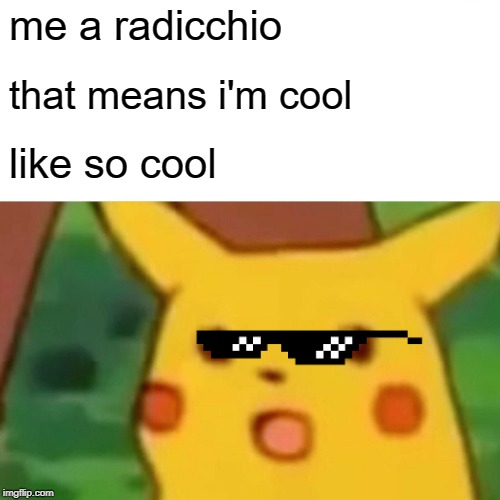 Surprised Pikachu | me a radicchio; that means i'm cool; like so cool | image tagged in memes,surprised pikachu | made w/ Imgflip meme maker