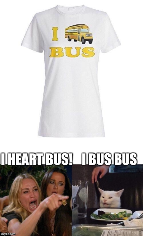 Bus? | I BUS BUS; I HEART BUS! | image tagged in memes,woman yelling at cat,bus,funny,shirt,argument | made w/ Imgflip meme maker