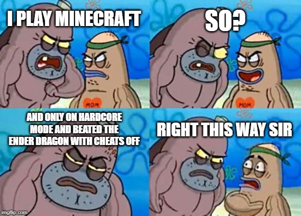 How Tough Are You | SO? I PLAY MINECRAFT; AND ONLY ON HARDCORE MODE AND BEATED THE ENDER DRAGON WITH CHEATS OFF; RIGHT THIS WAY SIR | image tagged in memes,how tough are you | made w/ Imgflip meme maker