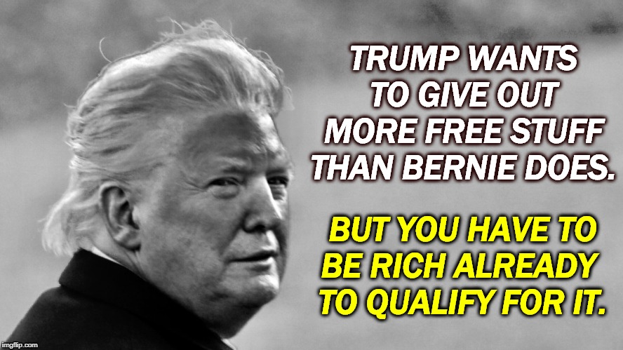 Give only to those who don't need it and won't notice it. | TRUMP WANTS TO GIVE OUT MORE FREE STUFF THAN BERNIE DOES. BUT YOU HAVE TO BE RICH ALREADY 
TO QUALIFY FOR IT. | image tagged in trump tan in bw,trump,free stuff,rich,bernie sanders | made w/ Imgflip meme maker