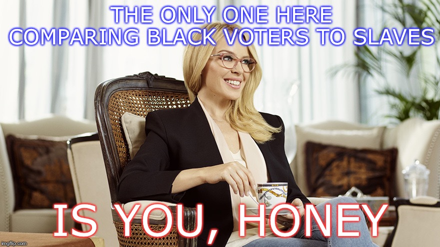 When they think they’re clever by comparing black voters to slaves... again. | THE ONLY ONE HERE COMPARING BLACK VOTERS TO SLAVES; IS YOU, HONEY | image tagged in kylie glasses tea condescending,racism,right wing,democrats,voters,election 2020 | made w/ Imgflip meme maker