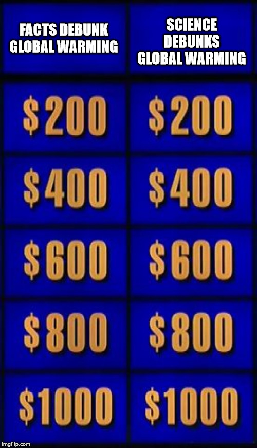 jeopardy two categories | FACTS DEBUNK GLOBAL WARMING SCIENCE DEBUNKS GLOBAL WARMING | image tagged in jeopardy two categories | made w/ Imgflip meme maker