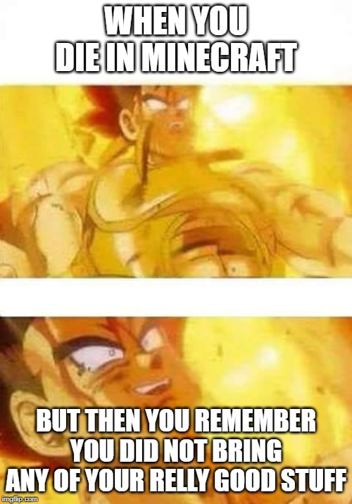 dbz | WHEN YOU DIE IN MINECRAFT; BUT THEN YOU REMEMBER YOU DID NOT BRING ANY OF YOUR RELLY GOOD STUFF | image tagged in dbz | made w/ Imgflip meme maker