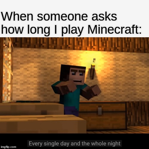 Every single day and the whole night | When someone asks how long I play Minecraft: | image tagged in every single day and the whole night | made w/ Imgflip meme maker