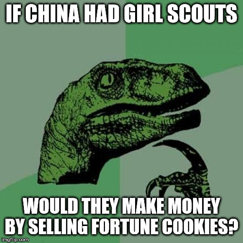 Philosoraptor | IF CHINA HAD GIRL SCOUTS; WOULD THEY MAKE MONEY BY SELLING FORTUNE COOKIES? | image tagged in memes,philosoraptor | made w/ Imgflip meme maker