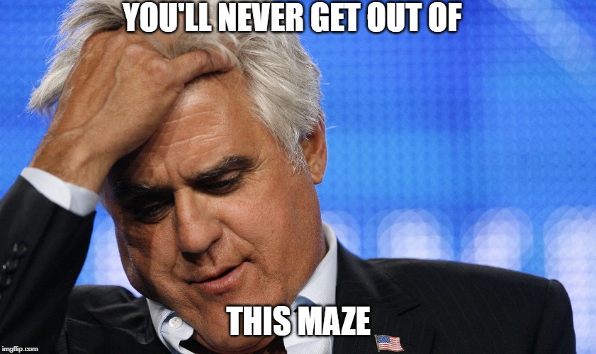 Jay Leno Facepalm | YOU'LL NEVER GET OUT OF; THIS MAZE | image tagged in jay leno facepalm | made w/ Imgflip meme maker