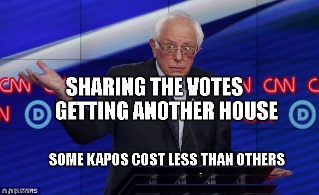 Wat Bernie | SHARING THE VOTES        GETTING ANOTHER HOUSE; SOME KAPOS COST LESS THAN OTHERS | image tagged in wat bernie | made w/ Imgflip meme maker
