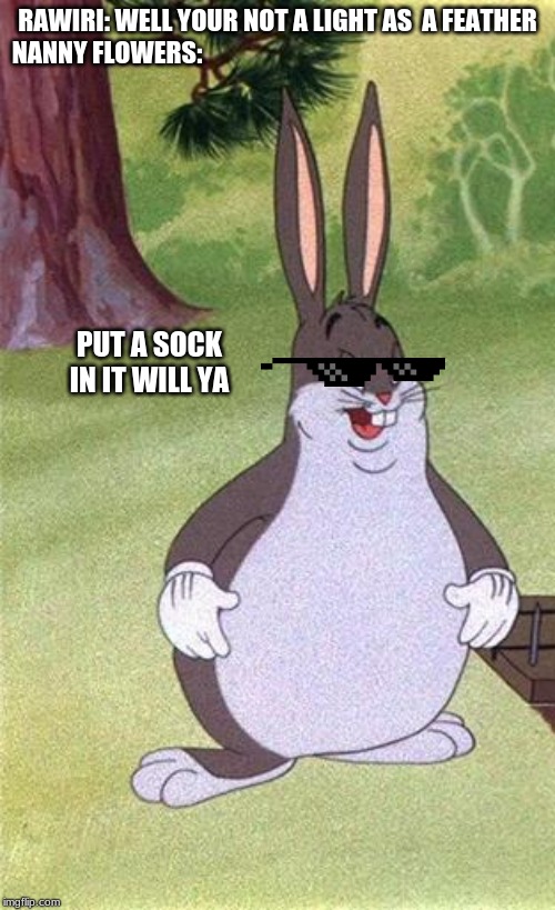 Big Chungus | RAWIRI: WELL YOUR NOT A LIGHT AS  A FEATHER

NANNY FLOWERS:; PUT A SOCK IN IT WILL YA | image tagged in big chungus | made w/ Imgflip meme maker