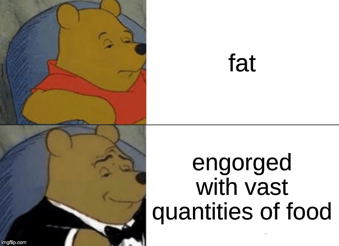 Tuxedo Winnie The Pooh Meme | fat; engorged with vast quantities of food | image tagged in memes,tuxedo winnie the pooh | made w/ Imgflip meme maker