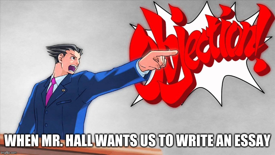 Objection | WHEN MR. HALL WANTS US TO WRITE AN ESSAY | image tagged in objection | made w/ Imgflip meme maker