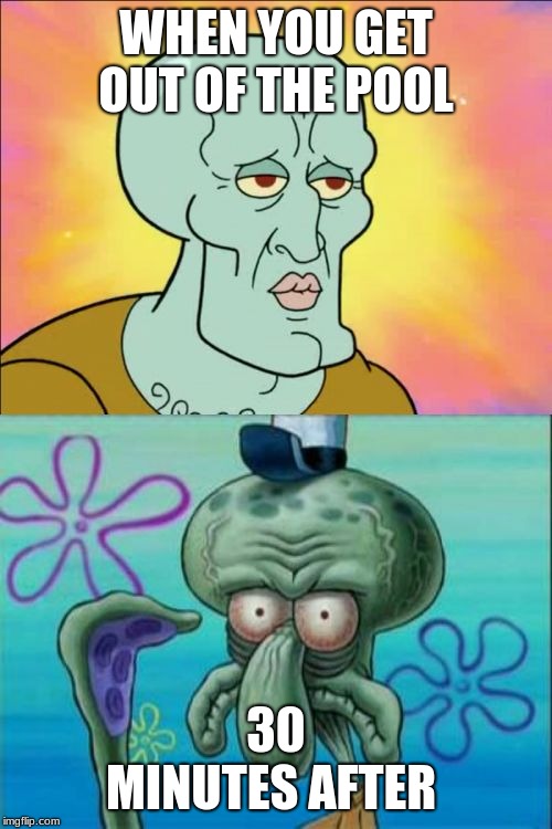 Squidward Meme | WHEN YOU GET OUT OF THE POOL; 30 MINUTES AFTER | image tagged in memes,squidward | made w/ Imgflip meme maker