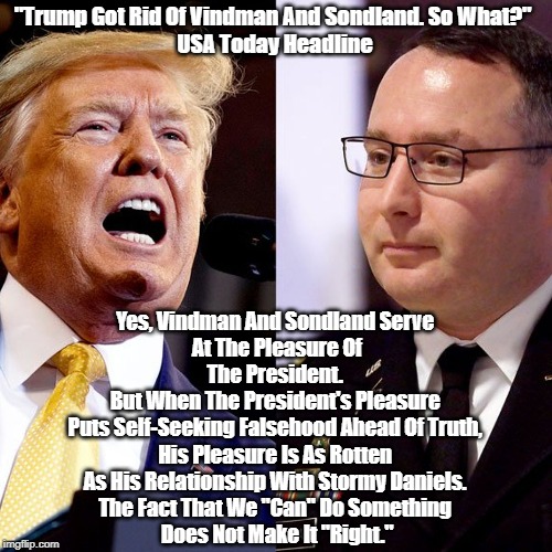 "Trump Got Rid Of Vindman And Sondland. So What?" 
USA Today Headline Yes, Vindman And Sondland Serve 
At The Pleasure Of The President. 
Bu | made w/ Imgflip meme maker