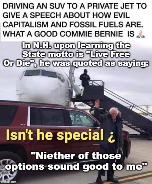 The New Green Pork Deal | In N.H. upon learning the State motto is "Live Free Or Die", he was quoted as saying:; "Niether of those options sound good to me" | image tagged in memes,funny memes,political humor,liberal logic,bernie sanders,political meme | made w/ Imgflip meme maker