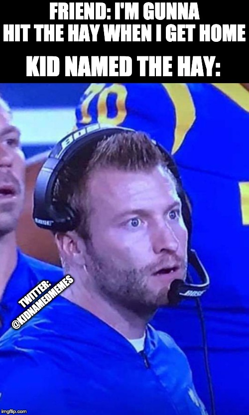 Sean McVay | KID NAMED THE HAY:; FRIEND: I'M GUNNA HIT THE HAY WHEN I GET HOME; TWITTER: @KIDNAMEDMEMES | image tagged in sean mcvay | made w/ Imgflip meme maker