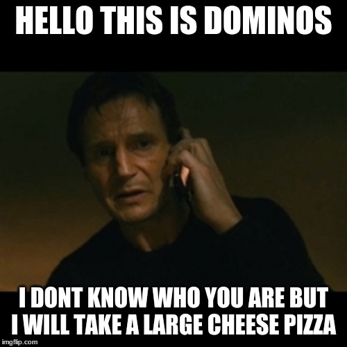 Liam Neeson Taken Meme | HELLO THIS IS DOMINOS; I DONT KNOW WHO YOU ARE BUT I WILL TAKE A LARGE CHEESE PIZZA | image tagged in memes,liam neeson taken | made w/ Imgflip meme maker