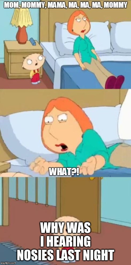 family guy mommy | WHY WAS I HEARING NOSIES LAST NIGHT | image tagged in family guy mommy | made w/ Imgflip meme maker