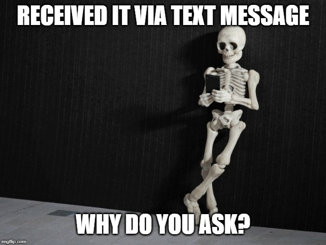 skeleton waiting for text message | RECEIVED IT VIA TEXT MESSAGE WHY DO YOU ASK? | image tagged in skeleton waiting for text message | made w/ Imgflip meme maker