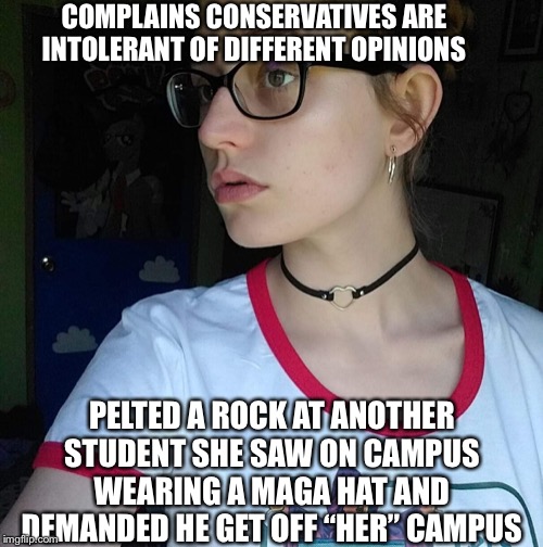 Facebook leftist | COMPLAINS CONSERVATIVES ARE INTOLERANT OF DIFFERENT OPINIONS; PELTED A ROCK AT ANOTHER STUDENT SHE SAW ON CAMPUS WEARING A MAGA HAT AND DEMANDED HE GET OFF “HER” CAMPUS | image tagged in facebook leftist,college liberal,liberal logic,liberal hypocrisy,maga,goofy stupid liberal college student | made w/ Imgflip meme maker