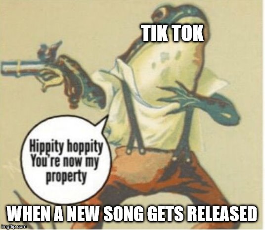 Hippity hoppity, you're now my property | TIK TOK; WHEN A NEW SONG GETS RELEASED | image tagged in hippity hoppity you're now my property | made w/ Imgflip meme maker