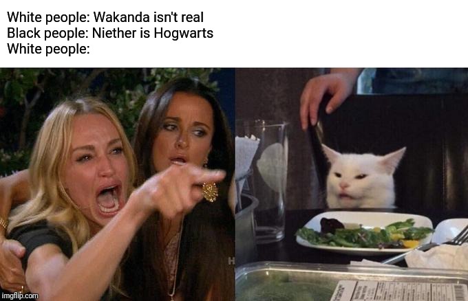 The battle of who's real or not | White people: Wakanda isn't real 

Black people: Niether is Hogwarts
White people: | image tagged in memes,woman yelling at cat,wakanda forever,hogwarts | made w/ Imgflip meme maker