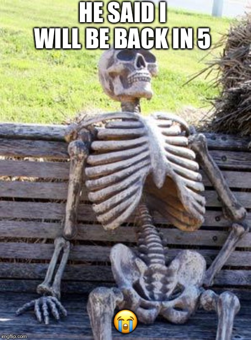 Waiting Skeleton Meme | HE SAID I WILL BE BACK IN 5; 😭 | image tagged in memes,waiting skeleton | made w/ Imgflip meme maker