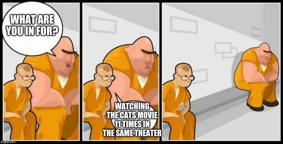 What are you in for? | WHAT ARE YOU IN FOR? WATCHING THE CATS MOVIE 11 TIMES IN THE SAME THEATER | image tagged in what are you in for | made w/ Imgflip meme maker