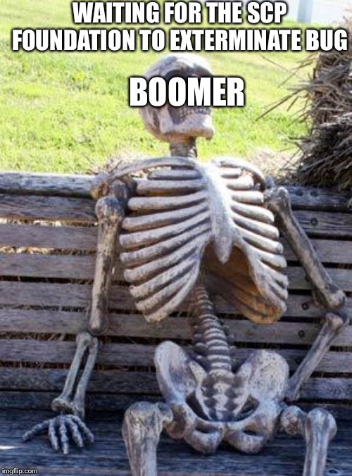 Waiting Skeleton Meme | WAITING FOR THE SCP FOUNDATION TO EXTERMINATE BUG; BOOMER | image tagged in memes,waiting skeleton | made w/ Imgflip meme maker