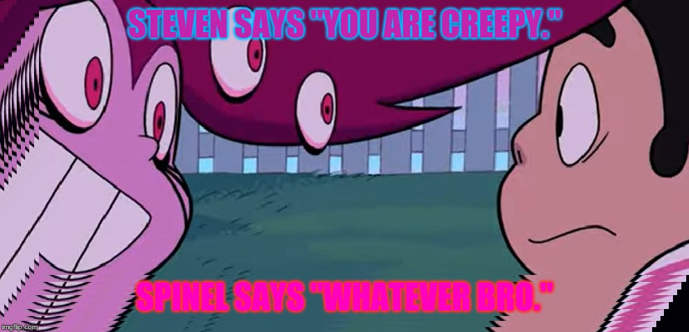 software gore spinel | STEVEN SAYS "YOU ARE CREEPY."; SPINEL SAYS "WHATEVER BRO." | image tagged in software gore spinel | made w/ Imgflip meme maker