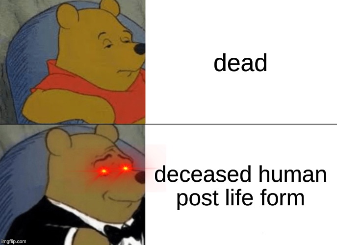 Tuxedo Winnie The Pooh Meme | dead; deceased human post life form | image tagged in memes,tuxedo winnie the pooh | made w/ Imgflip meme maker