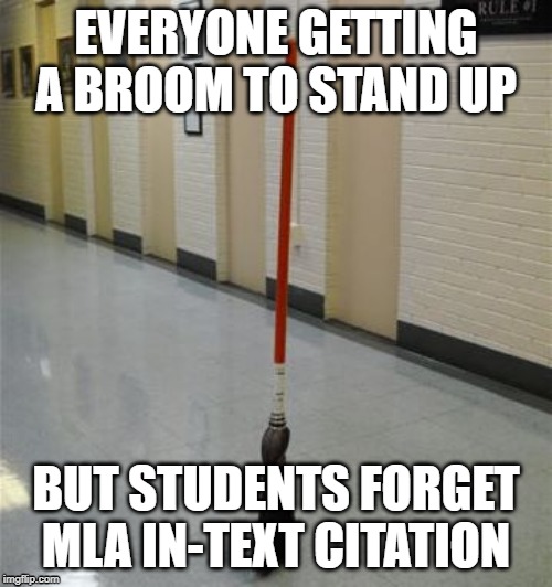 EVERYONE GETTING A BROOM TO STAND UP; BUT STUDENTS FORGET MLA IN-TEXT CITATION | image tagged in broom,education | made w/ Imgflip meme maker