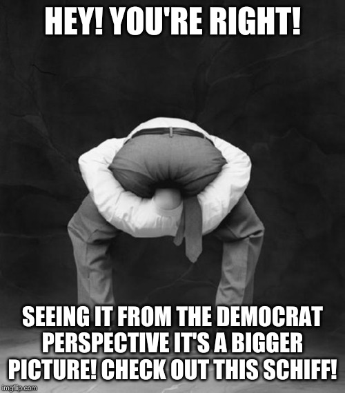 Head Up Ass | HEY! YOU'RE RIGHT! SEEING IT FROM THE DEMOCRAT PERSPECTIVE IT'S A BIGGER PICTURE! CHECK OUT THIS SCHIFF! | image tagged in head up ass | made w/ Imgflip meme maker