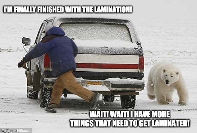 Polar Bear Day | I'M FINALLY FINISHED WITH THE LAMINATION! WAIT! WAIT! I HAVE MORE THINGS THAT NEED TO GET LAMINATED! | image tagged in polar bear day | made w/ Imgflip meme maker
