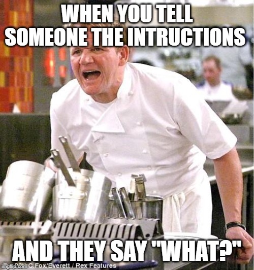 Chef Gordon Ramsay Meme | WHEN YOU TELL SOMEONE THE INTRUCTIONS; AND THEY SAY "WHAT?" | image tagged in memes,chef gordon ramsay | made w/ Imgflip meme maker
