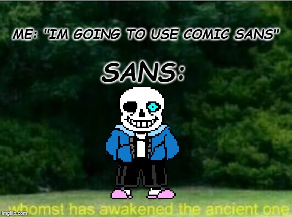 Whomst has awakened the ancient one | ME: "IM GOING TO USE COMIC SANS"; SANS: | image tagged in whomst has awakened the ancient one | made w/ Imgflip meme maker