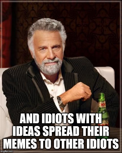 The Most Interesting Man In The World Meme | AND IDIOTS WITH IDEAS SPREAD THEIR MEMES TO OTHER IDIOTS | image tagged in memes,the most interesting man in the world | made w/ Imgflip meme maker