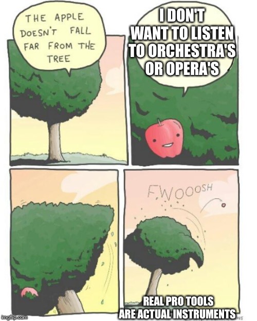 The flight of the Appleseed | I DON'T WANT TO LISTEN TO ORCHESTRA'S OR OPERA'S; REAL PRO TOOLS ARE ACTUAL INSTRUMENTS | image tagged in apple tree | made w/ Imgflip meme maker